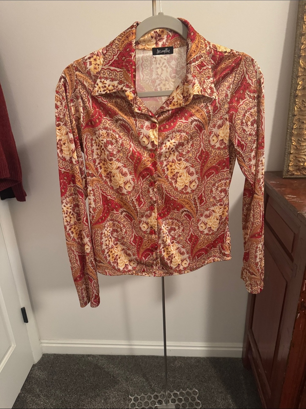 Acorn-style Red Paisley Button-Front Satin Women's Top